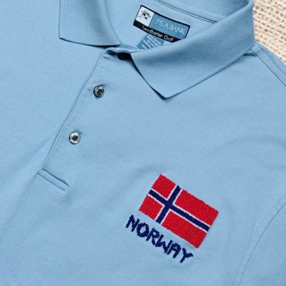 Hand Embroidered Polo Shirt Norway Flag Scandi North Blue Outdoor Men's M